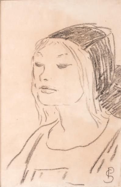 Paul SÉRUSIER (1864 - 1927) 
Jeune bretonne au bonnet Fusain sur papier
Signé des...