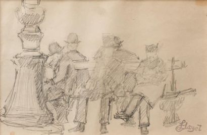 Louis HAYET (1864-1940) 
Messieurs sur un banc
Crayon sur papier
Vers 1899-90
Cachet...