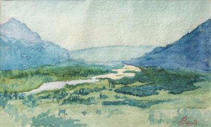 Louis HAYET (1864-1940) 
Cours d'eau au milieu des montagnes
Aquarelle Cachet de...