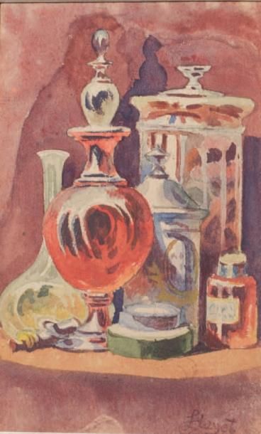 Louis HAYET (1864-1940) 
Natures mortes aux verres et flacons
Aquarelle Cachet de...