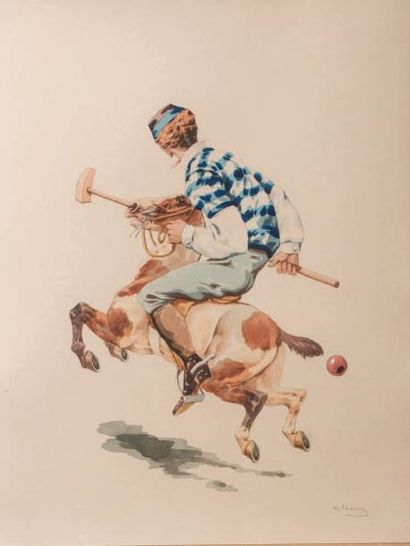 Charles Ferdinand de Condamy (1847-1913) 
Joueurs de polo
Suite de deux aquarelles...