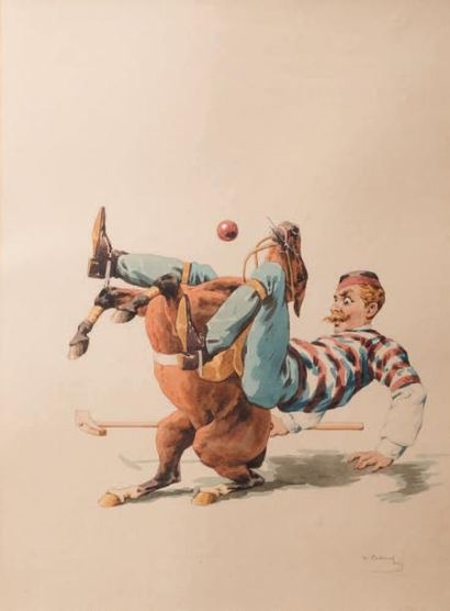 Charles Ferdinand de Condamy (1847-1913) 
Joueurs de polo
Suite de deux aquarelles...