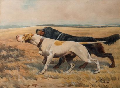 Charles Ferdinand de Condamy (1847-1913) 
Deux chiens à l'arrêt
Aquarelle et gouache...