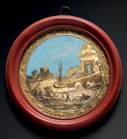 COMPIGNÉ 
Tableautin circulaire sur écaille représentant une marine animée de porte-faix.
XVIIIe...