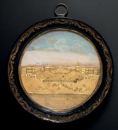COMPIGNÉ 
Tableautin circulaire représentant une vue cavalière du Château de Versailles...