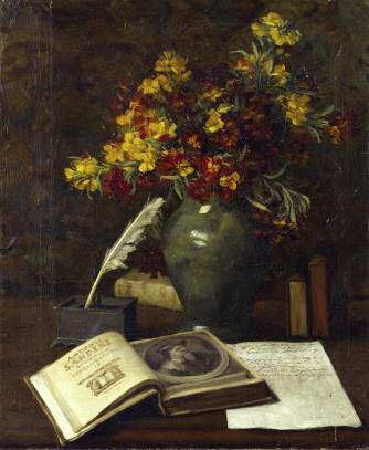 EMMA DE VIGNE (1850-1898) Fleurs dans un vase sur un bureau et livre ouvert Huile...