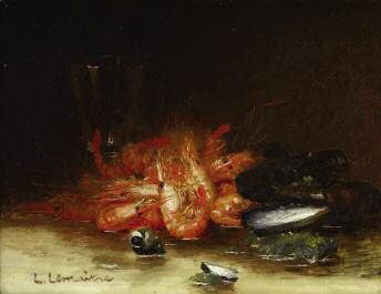 L. LEMAITRE Nature morte au bouquet de crevettes Huile sur panneau Signée en bas...