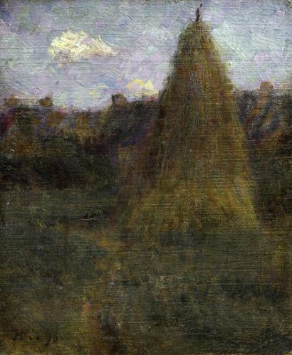 HENRY MORET (1856 -1913) Paysage à la meule de foin Huile sur toile Porte un monogramme...