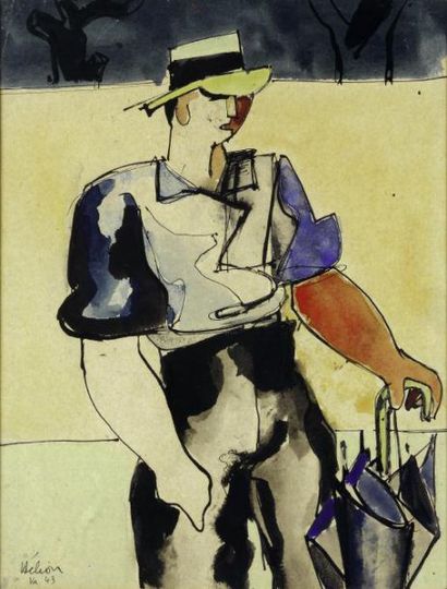 JEAN HÉLION (1904-1987) Homme au parapluie, 1943 Aquarelle et gouache sur papier...