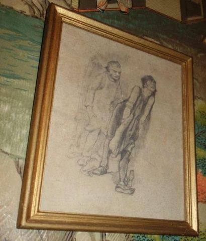 Ecole Française du XIXème 
Fusain sur papier.
«Portrait de deux hommes».
H. 19 cm...
