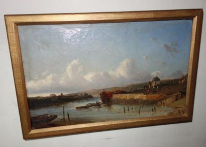 Ecole Française du début du XIXème 
Huile sur toile.
«Bord de rivière animé».
H....