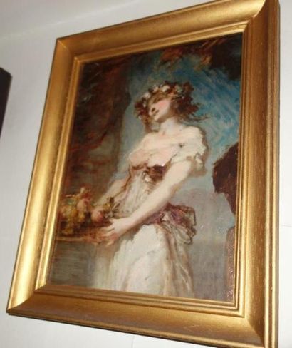 Ecole Française du XIXème 
Huile sur toile.
«Etude de femme à la corbeille de fleurs».
H....
