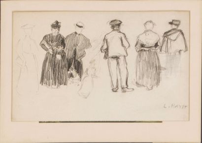 Louis HAYET (1864-1940) 
Étude de promeneurs
Crayon gras sur papier
Vers 1886-1890
Signé...