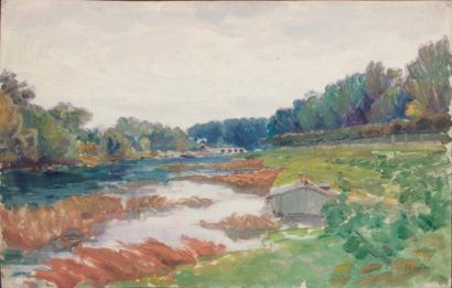 null Lot de 5 oeuvresPierre Chapuis ( 1863-1942)
- Paysage au lac
Aquarelle et crayons...