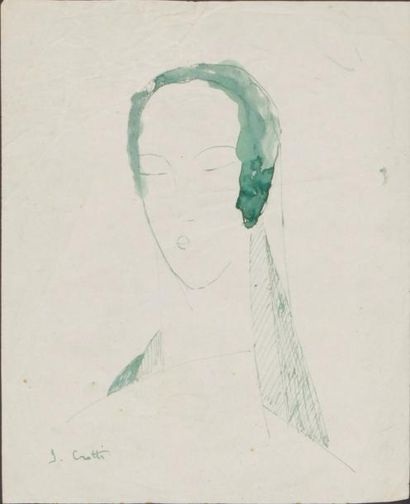 Jean CROTTI (1878-1958) 
Portrait de femme
Encre verte sur papier
Signé en bas à...