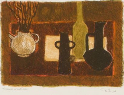 Raymond Préaux ( Né en 1916) 
Lot de 5 oeuvres sur papier
- Paysage monochrome
Lithographie...