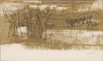 Raymond Préaux ( Né en 1916) 
Lot de 5 oeuvres sur papier
- Paysage monochrome
Lithographie...