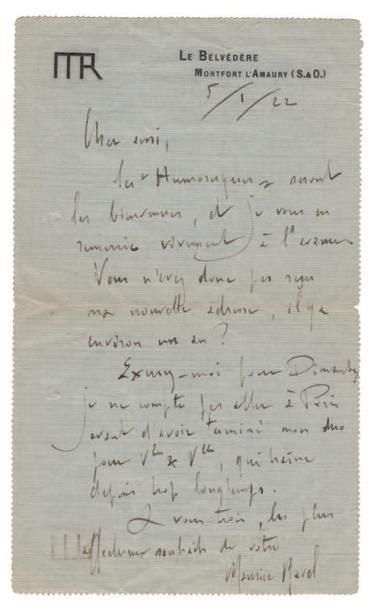 RAVEL (Maurice) (1875-1937) 
Lettre autographe signée à Tristan Klingsor, Montfort...