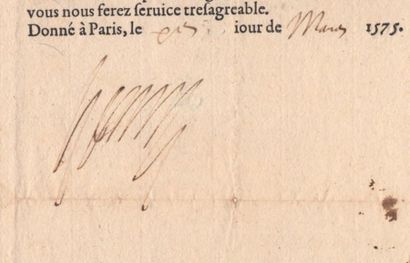 HENRI III (1551-1589) 
Lettre en partie imprimée signée «Henri», contresignée par...