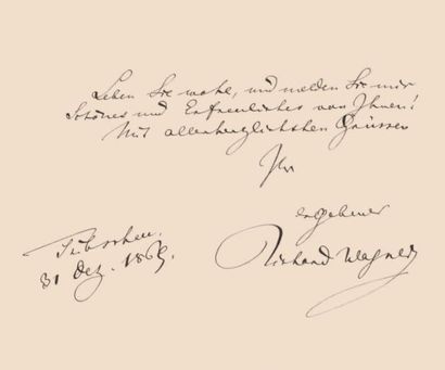 WAGNER (Richard) 
Lettre autographe signée, Tribschen 31 décembre 1869, 2 pages 1/2...
