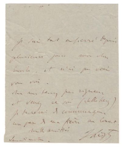 LISZT (Franz) (1811-1886) 
L.A.S. «F. Liszt» à un ami (Emile de Girardin), (s.l.n.d.)...