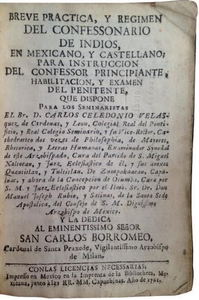 VELAZQUEZ DE CARDENAS (Carlos Celedonio) Breve practica, y regimen del confessonario...