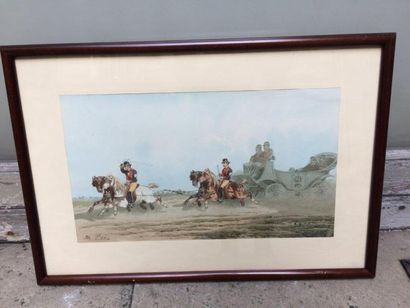 Théodore FORT (1810-1896) Suite de quatre aquarelles:
- 2 scènes de chasse à courre
-...