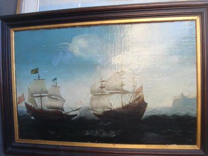 Ecole du XVIIème Bataille navale entres navires Ottomans et Malte
Huile sur toile
33...