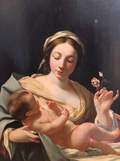 ECOLE FRANCAISE DU XVIIème SIECLE Mère à l'enfant
Huile sur panneau de chêne
41 x...