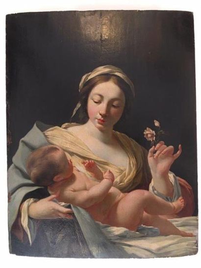 ECOLE FRANCAISE DU XVIIème SIECLE Mère à l'enfant
Huile sur panneau de chêne
41 x...