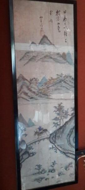 null Peinture chinoise à décor de personnage à cheval dans un paysage de montagn...