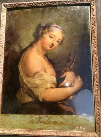 Ecole Anglaise du XVIIIe siècle 
L'automne
Gravure colorée et peinte sur verre 35,5...