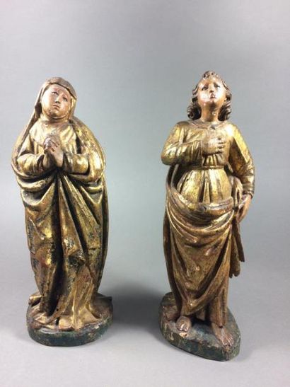 null VIERGE ET SAINT JEAN DE CALVAIRE en bois sculpté en rondebosse, doré et polychromé,...