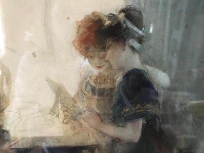 Antoine CALBET (1860-1944) 
Deux jeunes filles à la lettre
Aquarelle signée