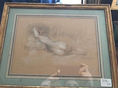 Antoine CALBET (1860-1944) 
Femme nue allongée, dessin aux trois crayons monogrammé...