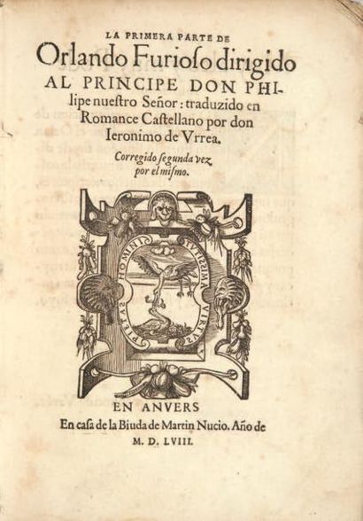 ARIOSTE La Primera [et Segunda] parte de Orlando Furioso. Anvers, Martin Nucio, 1557-1558....
