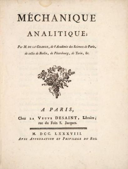 LAGRANGE (Joseph-Louis) Méchanique analitique. Paris, Veuve Desaint, 1788. In-4,...