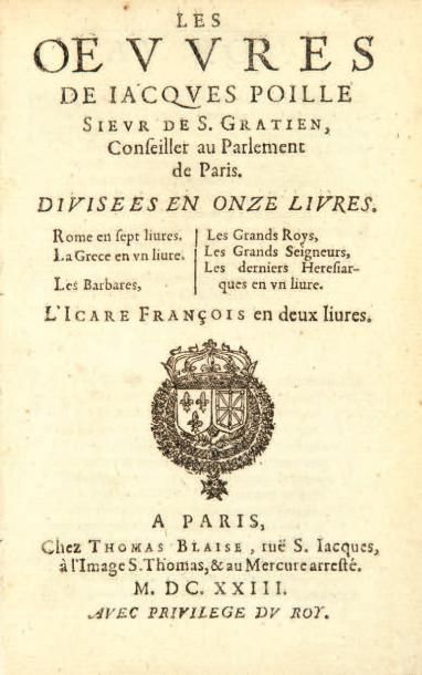 POILLE (Jacques) Les Oeuvres. Paris, Thomas Blaise, 1623. In-8, maroquin vert, décor...