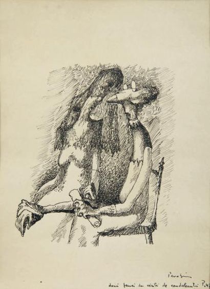 PERAHIM Jules JEUNE ET VIEILLE FEMME.DESSIN ORIGINAL SIGNE. 1947. 19 x 14 cm, sous...