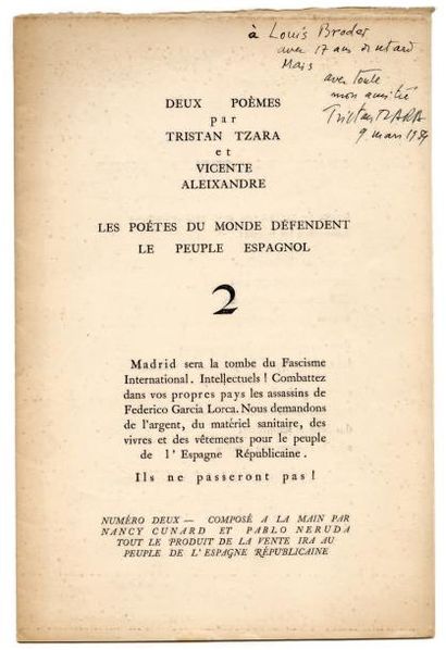 TZARA Tristan - ALEIXANDRE Vicente DEUX POEMES Les Poètes du monde défendent le peuple...