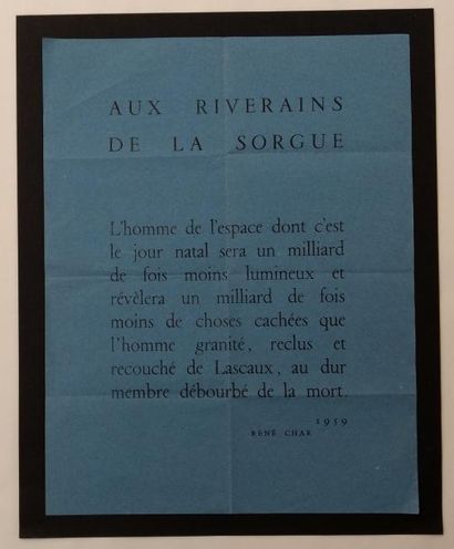 CHAR René AUX RIVERAINS DE LA SORGUE. TRACT-AFFICHETTE. L'Isle sur Sorgue, 1959....