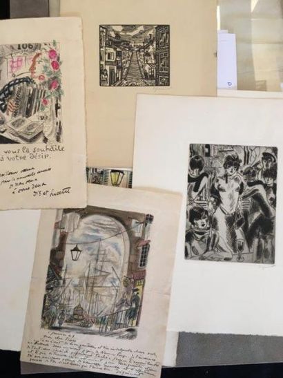 André DIGNIMONT (1891-1965) 
Ensemble de 14 gravures, cartes de voeux, menus et 1...