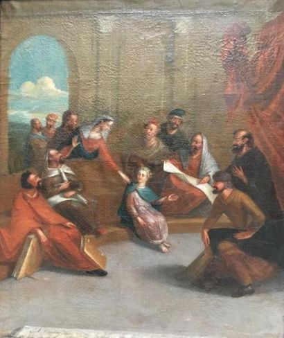 ÉCOLE HOLLANDAISE DU XVIIE 
Jésus parmis les docteurs
Huile sur toile
Porte une signature...