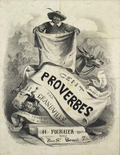 GRANDVILLE (J.-J.) AFFICHE DE LIBRAIRIE pour les Cent proverbes, parus chez Fournier...