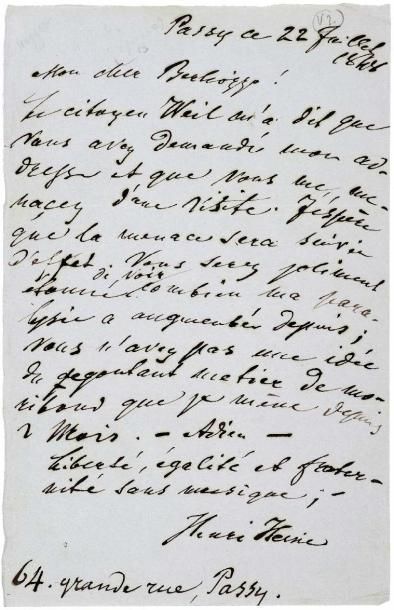 HEINE (Henri) Lettre autographe signée à Hector Berlioz, datée Passy ce 22 Juillet...