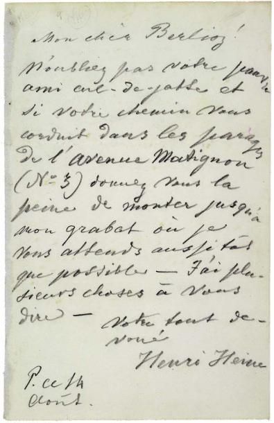 HEINE (Henri) Lettre autographe signée à Hector Berlioz, datée P[aris] ce 14 août,...