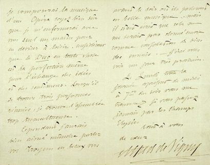 VIGNY (Alfred de) Lettre autographe signée à Hector Berlioz, datée 20 avril 1861....