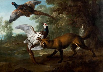 JEAN-BAPTISTE OUDRY (Paris 1686 - Beauvais 1755) Renard poursuivant des faisans
Toile
Signé...