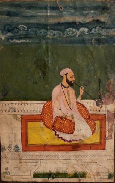 null Miniature indienne représentant un Raja fumant le narguilé, assis sur une terrasse,...