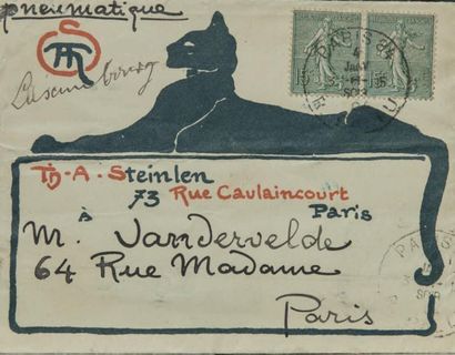 STEINLEN (Théophile Alexandre) (1859-1923) Carte autographe Signée au dos d'une invitation...